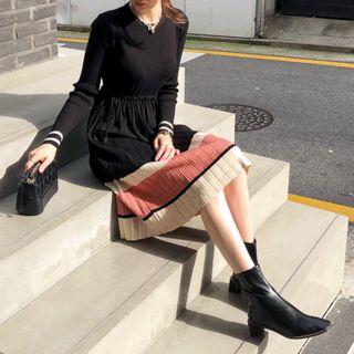 Drawstring-waist Pleated Knit Dress Black - One Size