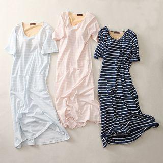 Striped Short-sleeve Midi A-line T-shirt Dress