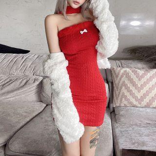 Halter-neck Bow Detail Mini Sheath Dress / Fluffy Cropped Jacket