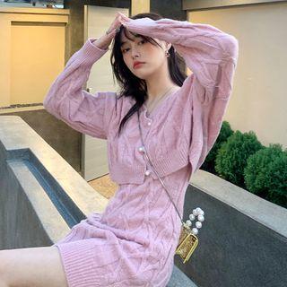 Set: Cable-knit Cropped Cardigan + Spaghetti Strap Mini Sheath Dress Cardigan - Pink - One Size / Dress - Pink - One Size