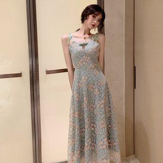 Embroidered Shoulder-tie A-line Midi Dress