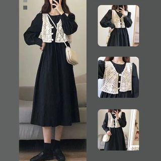 Set Of 2: Knit Vest + Balloon-sleeve Midi Dress