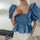 Puff-sleeve Frill-trim Smocked Blouse Dark Blue - One Size
