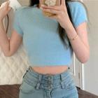 Short-sleeve Plain Chenille Cropped Sweater