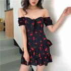 Off-shoulder Cherry Print Mini Dress
