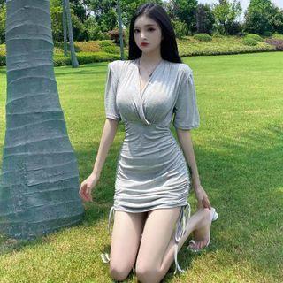 Short-sleeve V-neck Drawstring Mini Bodycon Dress