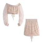Set: Long-sleeve Off-shoulder Mesh Crop Top + Mini Skirt