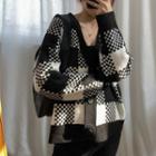Checkerboard V-neck Cardigan Plaid - Black & White - One Size