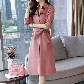 Tie-waist Faux Suede Trench Coat