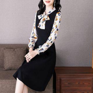 Bow-neck Print Panel Midi A-line Dress