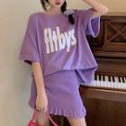 Set: Short-sleeve Lettering T-shirt + Smocked A-line Skirt