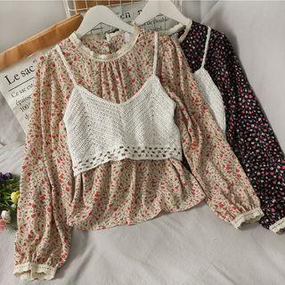 Set: Loose-fit Floral Top + Open-knit Vest