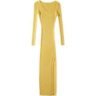 V-neck Ribbed Knit Maxi Sheath Dress