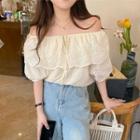 Short-sleeve Off-shoulder Lace Blouse Almond - One Size