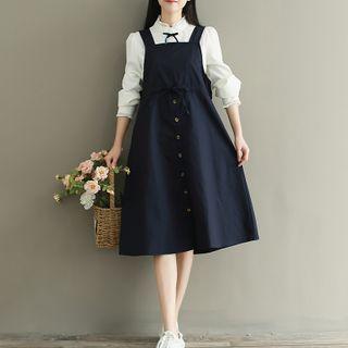 Button-up Midi A-line Pinafore Dress