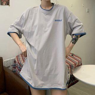 Elbow-sleeve Contrast Trim Lettering T-shirt