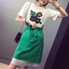 Set: Floral Print Elbow Sleeve T-shirt + Striped Panel A-line Skirt