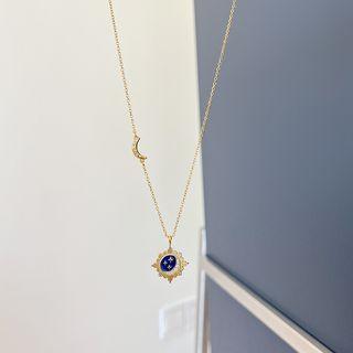 Moon & Star Glaze Pendant Sterling Silver Necklace L382 - Gold - One Size