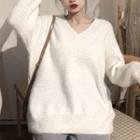 V-neck Fluffy Sweater White - One Size