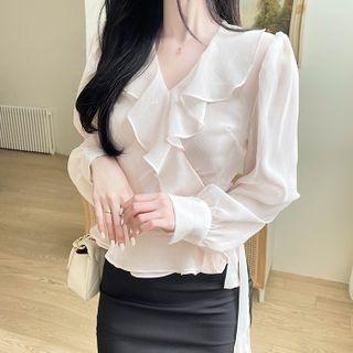 Ruffle-trim Chiffon Wrap Blouse