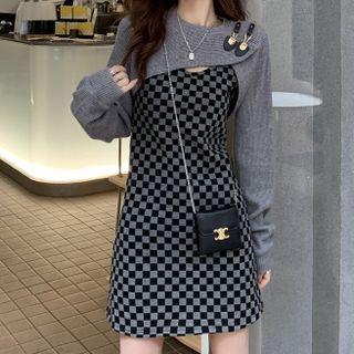 Long-sleeve Shrug / Spaghetti Strap Checkerboard Dress