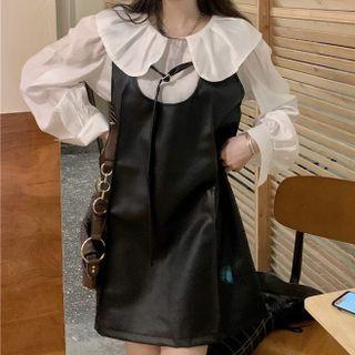 Plain Blouse / Sleeveless Faux Leather Dress