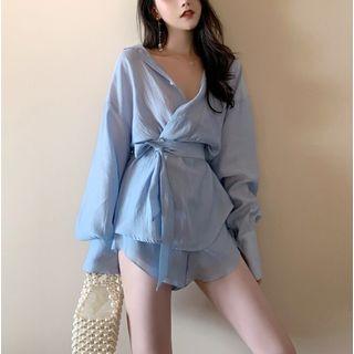 One-button Shirt With Sash / High-waist Shorts