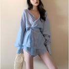 One-button Shirt With Sash / High-waist Shorts