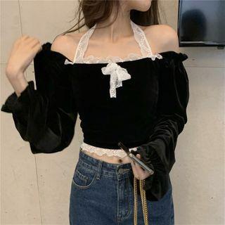 Halter Lace Panel Velvet Top Black - One Size