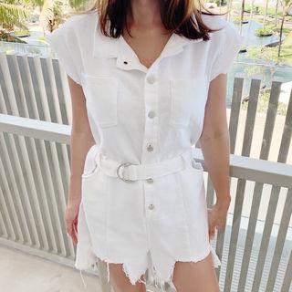 Cap-sleeve Fray-edge Cutout Playsuit