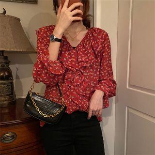 Floral Print Collared Bell-sleeve Chiffon Blouse Red - One Size