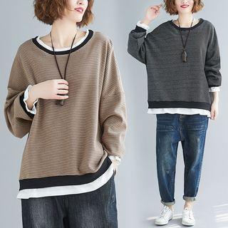 Striped Panel Round-neck Mock Two-piece Sweatshirt