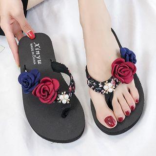 Flower Beaded Accent Platform Flip Flops