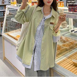 Mock Two-piece Gingham Shirt Green & Blue - One Size