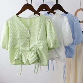 Puff-sleeve Checker Pattern Drawstring Blouse