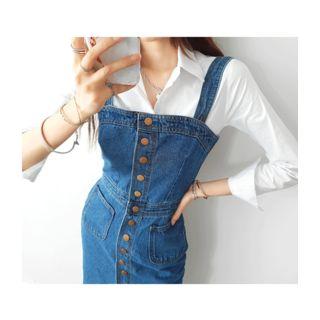 Button-detail Denim Suspender Dress Dark Blue - One Size