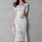 Set: Puff-sleeve Square-neck Lace Blouse + Midi Mermaid Skirt