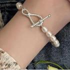 Knot Freshwater Pearl Alloy Bracelet 1pc - Silver & White - One Size