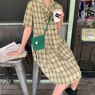 Short-sleeve Plaid Double Breasted A-line Pleated Dress
