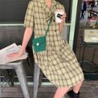 Short-sleeve Plaid Double Breasted A-line Pleated Dress