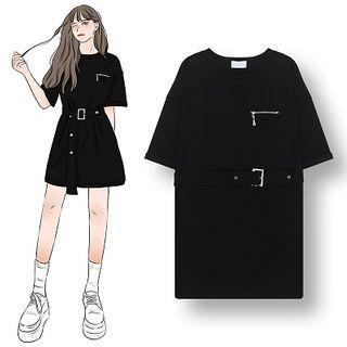 Short-sleeve Belted T-shirt Black - One Size