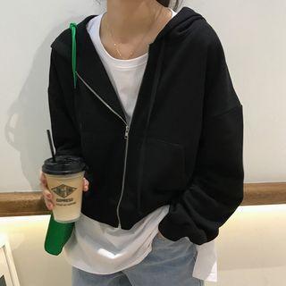 Hooded Zip Plain Cropped Sweatshirt