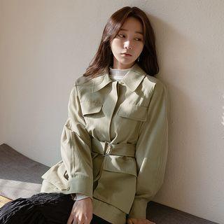 Flap Belted Hidden-button Jacket Khaki - One Size