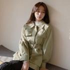 Flap Belted Hidden-button Jacket Khaki - One Size