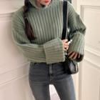 Cuff-sleeve Rib-knit Cropped Top