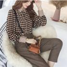 Lantern-sleeve Plaid Chiffon Blouse / Suspender Harem Pants