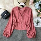 Lantern-sleeve V-neck Dotted Top