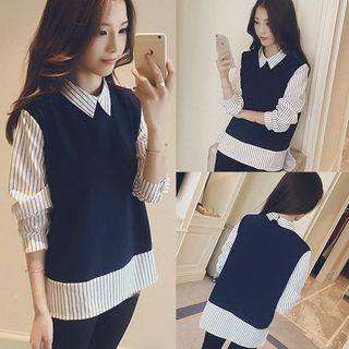 Mock Two-piece Striped Panel Blouse