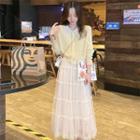 Plain Button-up Knit Cardigan / Mesh A-line Skirt