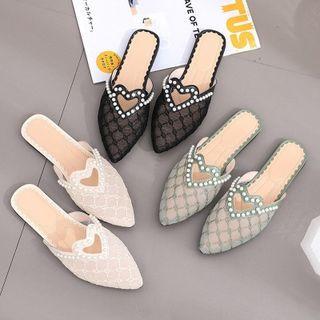 Letter Embroidered Faux Pearl Mules